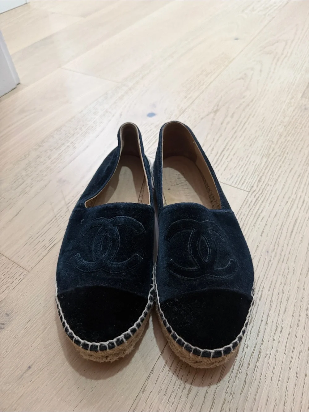 Chanel navy/ Black Velvet Espadrille Flats
